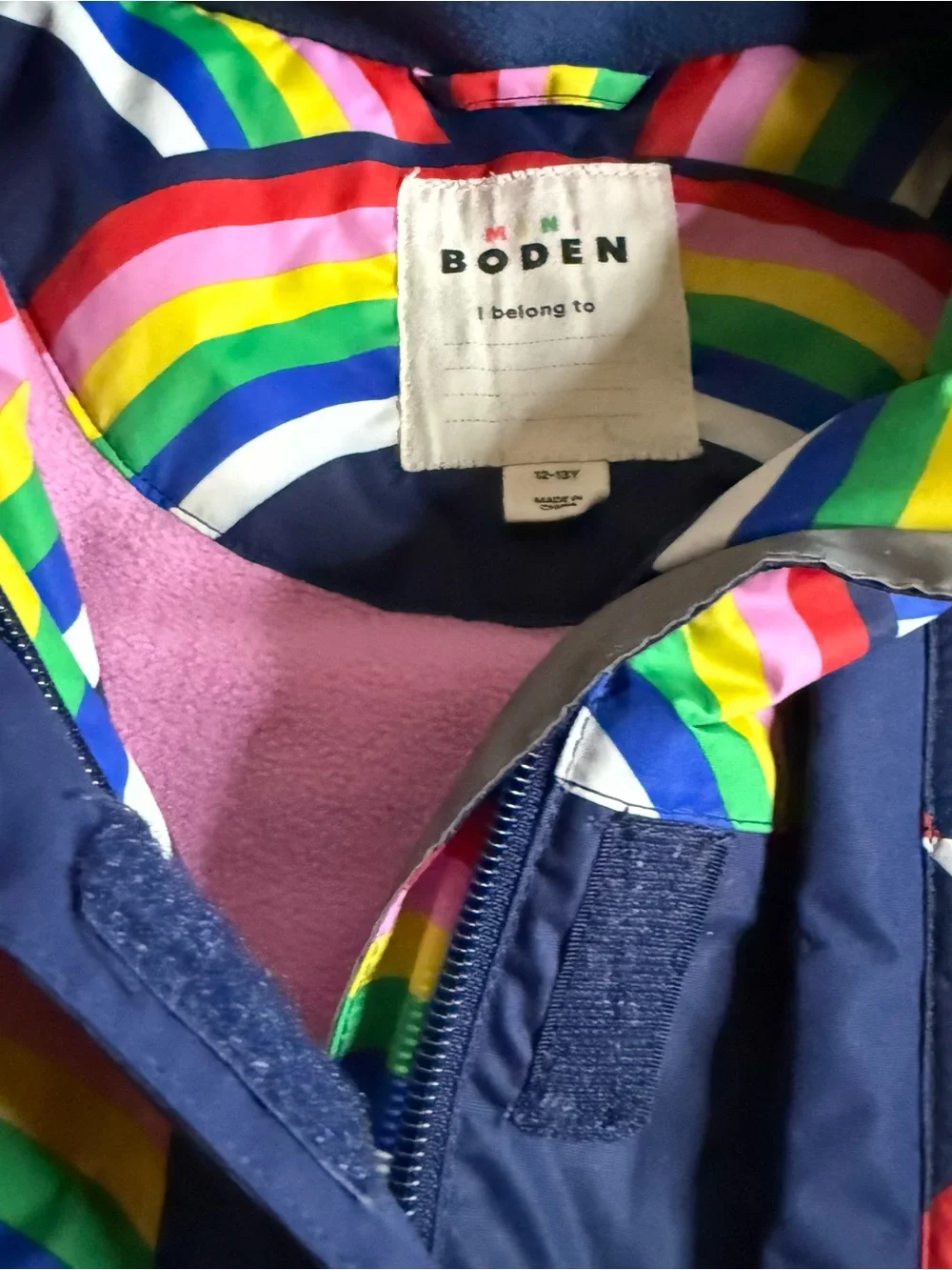 Mini Boden All Weather Waterproof Hooded Fur Rainbow Pattern Blue Powder Coat